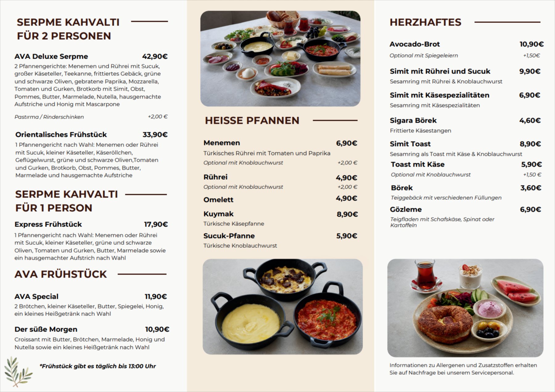 Speisekarte Café Ava, Seite 2: Serpme Kahvaltı, AVA Frühstück, heiße Pfannen und Herzhaftes mit Preisen